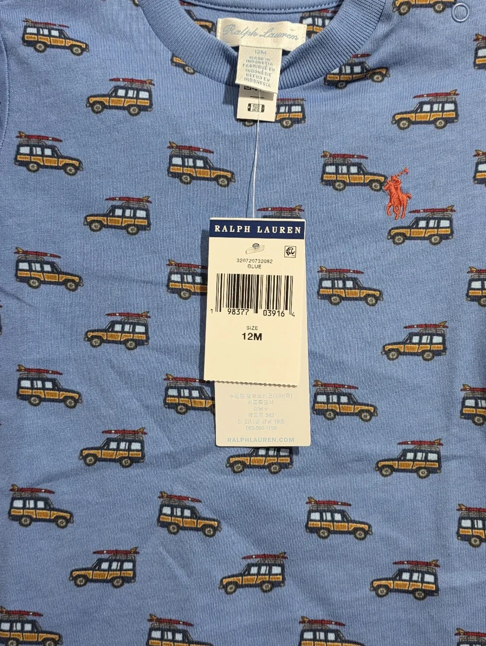 Ralph Lauren Baby Boy Car Print Blue Short Sleeve T-Shirt Toddler 12 Months